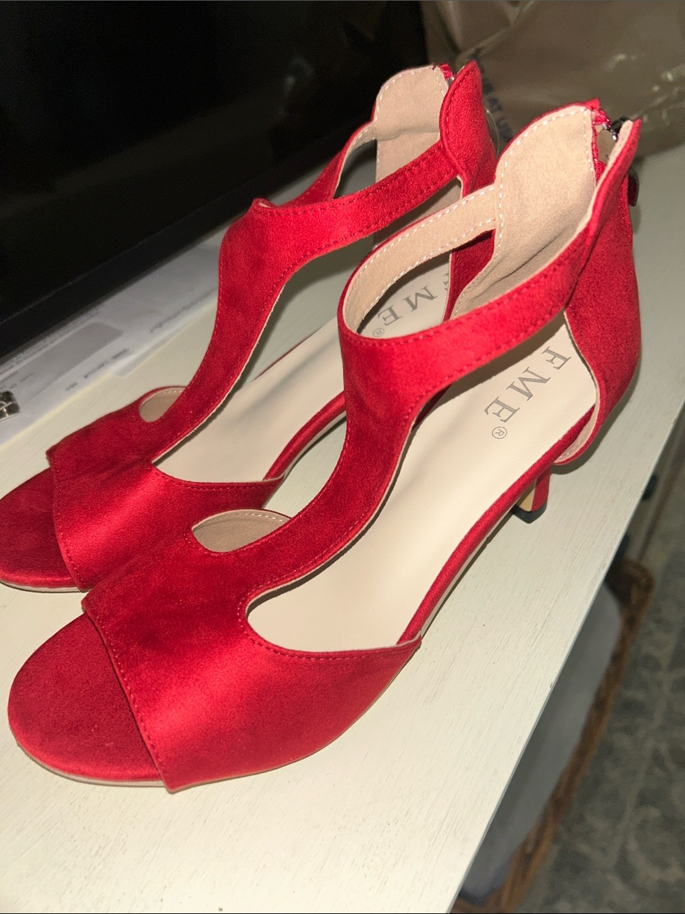 Red Suede Open-Toe Curved Strap Heels for Women